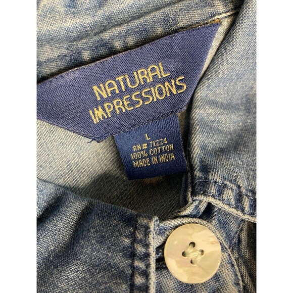 Vintage Women’s L Embroidered American Flag Heart Button Up Jean Denim SS Shirt - Picture 8 of 8